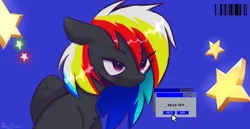 Size: 3500x1800 | Tagged: safe, artist:shinydust, derpibooru import, oc, oc:darky wings, unofficial characters only, pegasus, pony, bust, dialogue box, image, microsoft windows, png, stars, windows, windows xp