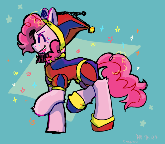 Size: 1911x1668 | Tagged: safe, artist:xxangelgutzxx, derpibooru import, pinkie pie, earth pony, pony, abstract background, clothes, cosplay, costume, eyes closed, female, hat, image, jester, jester hat, mare, open mouth, open smile, png, pomni, profile, simple background, smiling, solo, standing on two hooves, sweat, sweatdrops, teal background, the amazing digital circus