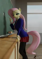 Size: 5000x7000 | Tagged: safe, artist:lumimation, derpibooru import, fluttershy, anthro, pegasus, plantigrade anthro, chalk, chalk drawing, chalkboard, classroom, clothes, doom, doom guy, female, image, komi can't communicate, leaning, leaning forward, leggings, png, skirt, solo, solo female, traditional art