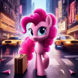 Size: 1024x1024 | Tagged: safe, artist:pinkiepiepics, derpibooru import, machine learning generated, pinkie pie, earth pony, pony, ai content, car, city, female, g4, image, jpeg, new york city, solo, suitcase, taxi