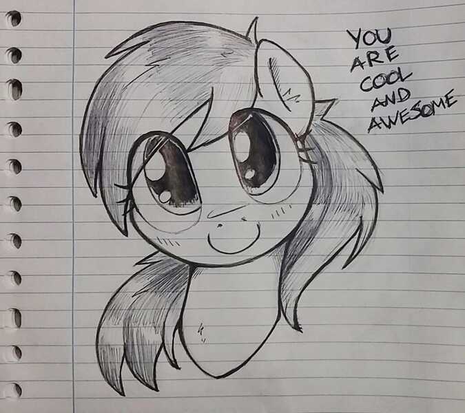 Size: 1038x923 | Tagged: safe, artist:whiskeypanda, derpibooru import, rainbow dash, pegasus, pony, blushing, bust, cute, dialogue, image, ink drawing, jpeg, lined paper, looking at you, smiling, smiling at you, solo, traditional art