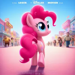 Size: 1024x1024 | Tagged: safe, artist:pinkiepiepics, derpibooru import, machine learning generated, pinkie pie, earth pony, human, pony, ai content, balloonbutt, butt, disney, female, image, jpeg, poster, rear view, smiling, solo