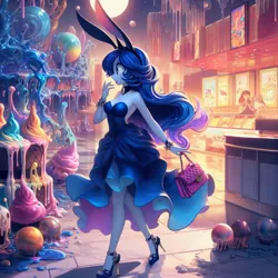 Size: 1024x1024 | Tagged: safe, derpibooru import, machine learning generated, princess luna, anthro, ai content, bag, breasts, bunny ears, clothes, female, food, generator:bing image creator, generator:dall-e 3, handbag, high heels, ice cream, image, jpeg, mall, melting, prompter:horselover fat, purse, shoes, small breasts, solo, surprised