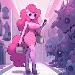 Size: 1024x1024 | Tagged: safe, derpibooru import, machine learning generated, pinkie pie, anthro, ai content, bag, big breasts, breasts, busty pinkie pie, clothes, dress, generator:bing image creator, generator:dall-e 3, handbag, high heels, horror, image, jpeg, mall, mobile phone, monster, phone, prompter:horselover fat, purse, shoes, shopping, surreal