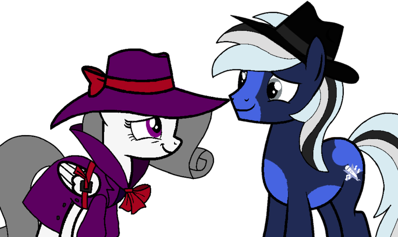 Size: 1006x600 | Tagged: safe, artist:ghostponydylan220, derpibooru import, oc, oc:ghostpony, oc:oliver spade, pony, clothes, detective, fedora, female, hat, image, male, mare, png, simple background, smiling, stallion, transparent background, trenchcoat