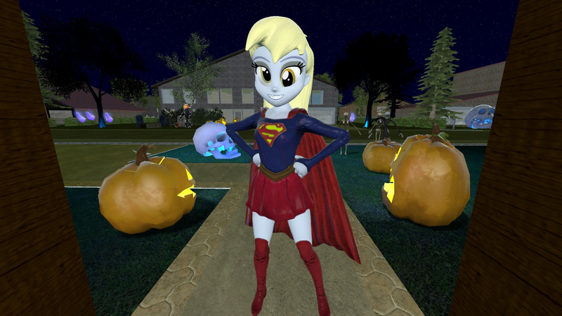 Size: 1920x1080 | Tagged: safe, artist:oatmeal!, derpibooru import, derpy hooves, human, equestria girls, 3d, accessory swap, bone, boots, cape, clothes, costume, dc comics, decoration, gmod, grin, halloween, halloween costume, hand on hip, holiday, image, jack-o-lantern, looking at you, night, png, pumpkin, shoes, skeleton, skirt, smiling, solo, spread legs, spreading, supergirl, superhero, superhero costume, superman, trick or treat