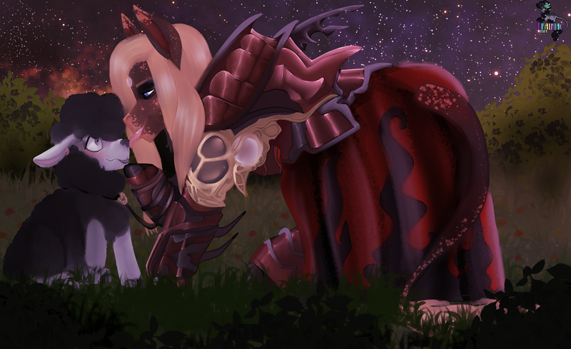 Size: 3258x1993 | Tagged: safe, artist:brainiac, derpibooru import, oc, oc:dedee, alpaca, earth pony, pony, collar, digital painting, false unicorn, final fantasy, final fantasy xiv, image, leash, male, pet play, png, stallion, zenos