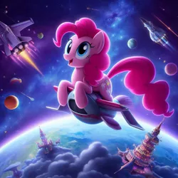 Size: 1024x1024 | Tagged: safe, derpibooru import, machine learning generated, pinkie pie, earth pony, pony, ai content, castle, earth, fantasy, female, image, jpeg, mare, moon, planet, prompter:pinkiepiepics, rocket, space