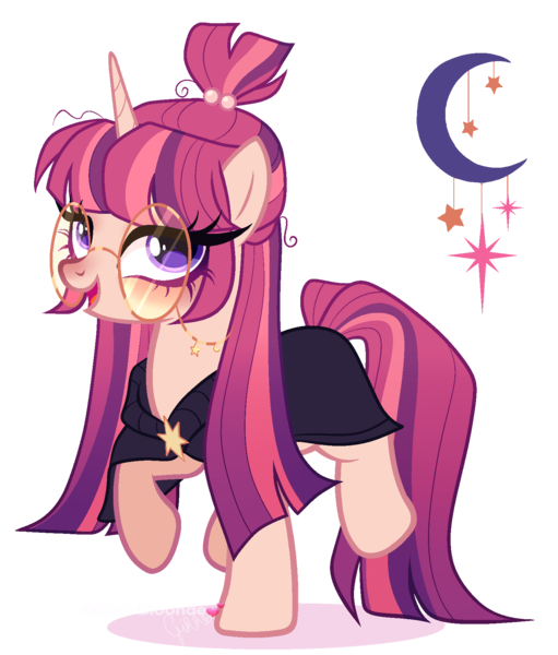 Size: 1512x1777 | Tagged: safe, artist:gihhbloonde, derpibooru import, oc, unnamed oc, unofficial characters only, cape, clothes, glasses, glasses chain, gradient mane, gradient tail, image, lightly watermarked, magical lesbian spawn, offspring, open mouth, parent:moondancer, parent:twilight sparkle, parents:twidancer, png, purple eyes, raised hoos, round glasses, simple background, smiling, solo, standing, tail, transparent background, watermark