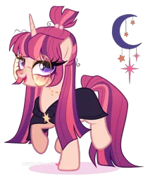 Size: 1512x1777 | Tagged: safe, artist:gihhbloonde, derpibooru import, oc, unnamed oc, unofficial characters only, cape, clothes, glasses, glasses chain, gradient mane, gradient tail, image, lightly watermarked, magical lesbian spawn, offspring, open mouth, parent:moondancer, parent:twilight sparkle, parents:twidancer, png, purple eyes, raised hoos, round glasses, simple background, smiling, solo, standing, tail, transparent background, watermark