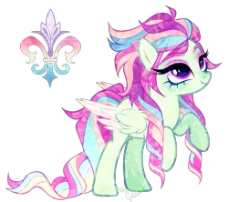 Size: 1981x1757 | Tagged: safe, artist:gihhbloonde, derpibooru import, oc, unnamed oc, unofficial characters only, crystal pony, pegasus, pony, adoptable, closed mouth, colored wings, colored wingtips, crystal pegasus, eyeshadow, female, folded wings, gradient mane, gradient tail, image, lightly watermarked, looking up, magenta eyes, magical lesbian spawn, makeup, mare, offspring, parent:fleur de verre, parent:rainbow dash, png, raised hoof, rearing, simple background, smiling, solo, tail, thick eyebrows, transparent background, watermark, wings