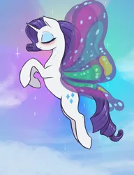 Size: 2300x3000 | Tagged: safe, alternate version, artist:t72b, derpibooru import, rarity, pony, unicorn, blushing, butterfly wings, cloud, eyes closed, eyeshadow, female, flowing mane, flying, glimmer wings, image, makeup, mare, png, rainbow, sky, solo, sparkles, wings