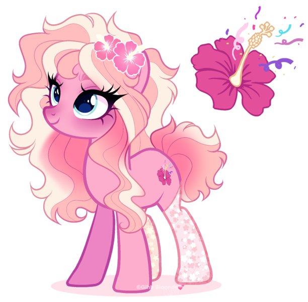 Size: 1972x1933 | Tagged: safe, artist:gihhbloonde, derpibooru import, oc, unnamed oc, unofficial characters only, earth pony, pony, adoptable, clothes, cyan eyes, eyes closed, female, flower, gradient mane, gradient tail, hibiscus, image, lightly watermarked, magical lesbian spawn, mare, offspring, parent:lily valley, parent:pinkie pie, parents:lilypie, png, simple background, smiling, socks, solo, standing, stockings, tail, thigh highs, transparent background, watermark