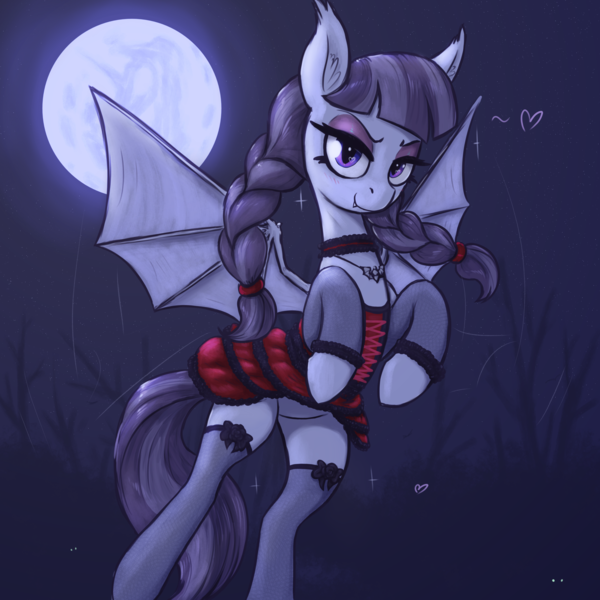 Size: 3000x3000 | Tagged: safe, alternate version, artist:t72b, derpibooru import, inky rose, bat pony, pegasus, pony, undead, vampire, vampony, alternate clothes, bat ponified, bat wings, bedroom eyes, braid, choker, clothes, dress, fangs, female, flying, frilly dress, g4, gothic, image, jewelry, lidded eyes, looking at you, mare, moon, necklace, night, nudity, png, race swap, slit pupils, socks, solo, stars, stockings, thigh highs, wings