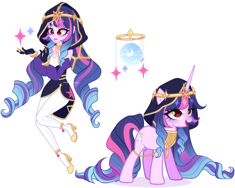 Size: 3966x3175 | Tagged: safe, artist:gihhbloonde, derpibooru import, oc, unnamed oc, unofficial characters only, human, pony, unicorn, equestria girls, adoptable, clothes, crossover fusion, crown, female, fingerless gloves, floating, fusion, fusion:layla, fusion:twilight sparkle, genshin impact, gloves, golden eyes, gradient mane, gradient tail, high heels, hood, horn, image, jewelry, layla (genshin impact), long horn, long mane, long tail, mare, open mouth, peytral, png, regalia, self paradox, self ponidox, shoes, simple background, skirt, smiling, socks, standing, stockings, tail, thigh highs, transparent background, yellow eyes