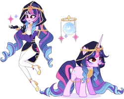 Size: 3966x3175 | Tagged: safe, artist:gihhbloonde, derpibooru import, oc, unnamed oc, unofficial characters only, human, pony, unicorn, equestria girls, adoptable, clothes, crossover fusion, crown, female, fingerless gloves, floating, fusion, fusion:layla, fusion:twilight sparkle, genshin impact, gloves, golden eyes, gradient mane, gradient tail, high heels, hood, horn, image, jewelry, layla (genshin impact), long horn, long mane, long tail, mare, open mouth, peytral, png, regalia, self paradox, self ponidox, shoes, simple background, skirt, smiling, socks, standing, stockings, tail, thigh highs, transparent background, yellow eyes