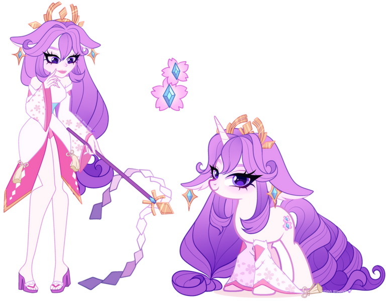 Size: 900x703 | Tagged: safe, artist:gihhbloonde, derpibooru import, oc, unnamed oc, unofficial characters only, human, pony, unicorn, equestria girls, adoptable, closed mouth, clothes, crossover fusion, crown, detached sleeves, ear piercing, earring, female, floppy ears, fusion, fusion:rarity, fusion:yae miko, genshin impact, gradient hair, gradient mane, gradient tail, image, jewelry, looking at you, looking down, mare, piercing, png, purple eyes, regalia, sandals, self paradox, self ponidox, simple background, smiling, standing, tail, tassels, transparent background, wand, yae miko (genshin impact)