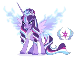 Size: 1975x1496 | Tagged: safe, artist:gihhbloonde, derpibooru import, oc, unnamed oc, unofficial characters only, alicorn, pony, g5, adoptable, augmented wings, braid, closed mouth, colored hooves, crown, ethereal wings, eyeshadow, female, g4, hair bun, horn, image, jewelry, lightly watermarked, long horn, makeup, mare, offspring, peytral, png, purple eyes, regalia, simple background, smiling, sparkly eyeshadow, spread wings, standing, tiara, transparent background, unshorn fetlocks, watermark, wings