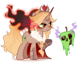 Size: 1807x1456 | Tagged: safe, artist:gihhbloonde, derpibooru import, oc, unnamed oc, unofficial characters only, pony, unicorn, adoptable, armor, braid, cape, closed mouth, clothes, colored sclera, crown, ethereal mane, female, frown, gradient horn, green sclera, helmet, horn, image, jewelry, lightly watermarked, mare, offspring, parent:applejack, parent:king sombra, parents:sombrajack, png, raised hoof, red eyes, regalia, simple background, sombra eyes, standing, transparent background, unamused, watermark