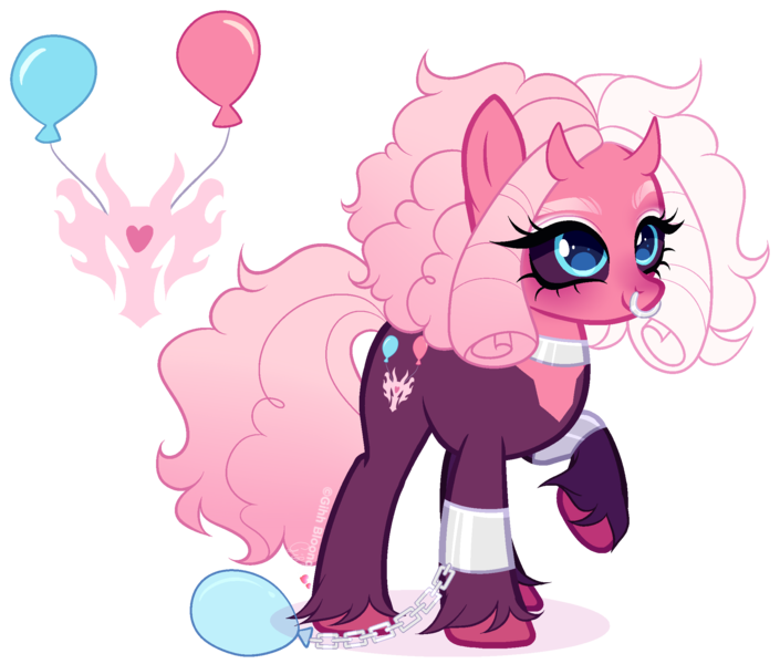 Size: 2169x1846 | Tagged: safe, artist:gihhbloonde, derpibooru import, oc, unnamed oc, unofficial characters only, earth pony, hybrid, pony, adoptable, balloon, black sclera, closed mouth, colored hooves, colored sclera, cuffed, cyan eyes, dark sclera, devil horns, female, gradient tail, horns, hybrid oc, image, lightly watermarked, looking up, mare, nose piercing, nose ring, offspring, parent:pinkie pie, parent:tirek, parents:tirekpie, piercing, png, raised hoof, simple background, smiling, standing, tail, transparent background, unshorn fetlocks, watermark