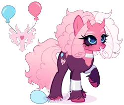 Size: 2169x1846 | Tagged: safe, artist:gihhbloonde, derpibooru import, oc, unnamed oc, unofficial characters only, earth pony, hybrid, pony, adoptable, balloon, black sclera, closed mouth, colored hooves, colored sclera, cuffed, cyan eyes, dark sclera, devil horns, female, gradient tail, horns, hybrid oc, image, lightly watermarked, looking up, mare, nose piercing, nose ring, offspring, parent:pinkie pie, parent:tirek, parents:tirekpie, piercing, png, raised hoof, simple background, smiling, standing, tail, transparent background, unshorn fetlocks, watermark