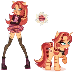 Size: 2432x2391 | Tagged: safe, artist:gihhbloonde, derpibooru import, oc, unnamed oc, unofficial characters only, cat, cat pony, human, original species, pony, unicorn, equestria girls, adoptable, boots, catgirl, closed mouth, clothes, collar, coontails, crossed arms, crossover fusion, ear tufts, eyebrows, eyeshadow, fangs, female, fishnet pantyhose, fusion, fusion:sunset shimmer, fusion:toralei, green eyes, image, jacket, lidded eyes, lightly watermarked, lipstick, looking at you, makeup, mare, monster high, open mouth, png, raised eyebrow, raised hoof, self paradox, self ponidox, shirt, shoes, simple background, skirt, slit pupils, smiling, standing, stripes, transparent background, watermark