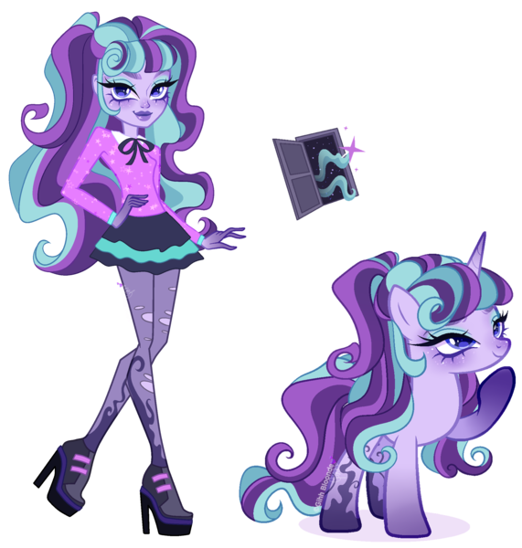 Size: 2376x2496 | Tagged: safe, artist:gihhbloonde, derpibooru import, oc, unnamed oc, unofficial characters only, human, pony, unicorn, equestria girls, adoptable, closed mouth, clothes, crossover fusion, eyebrows, eyeshadow, female, fusion, fusion:starlight glimmer, fusion:twyla, gradient horn, gradient legs, hand on hip, high heels, horn, image, lightly watermarked, looking at you, looking up, makeup, mare, monster high, png, ponytail, purple eyes, raised eyebrow, raised hoof, ripped stockings, self paradox, self ponidox, shirt, shoes, simple background, skirt, smiling, socks, standing, stockings, thigh highs, torn clothes, transparent background, walking, watermark