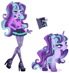 Size: 2376x2496 | Tagged: safe, artist:gihhbloonde, derpibooru import, oc, unnamed oc, unofficial characters only, human, pony, unicorn, equestria girls, adoptable, closed mouth, clothes, crossover fusion, eyebrows, eyeshadow, female, fusion, fusion:starlight glimmer, fusion:twyla, gradient horn, gradient legs, hand on hip, high heels, horn, image, lightly watermarked, looking at you, looking up, makeup, mare, monster high, png, ponytail, purple eyes, raised eyebrow, raised hoof, ripped stockings, self paradox, self ponidox, shirt, shoes, simple background, skirt, smiling, socks, standing, stockings, thigh highs, torn clothes, transparent background, walking, watermark