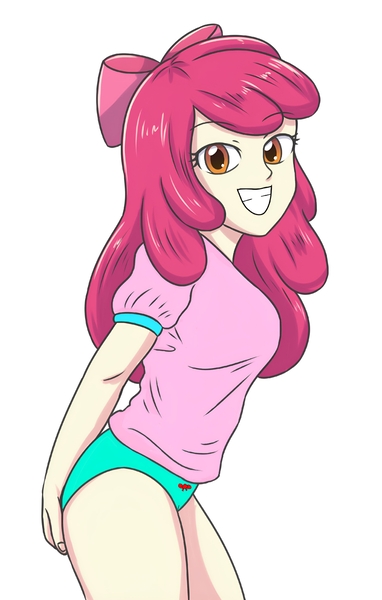 Size: 2610x4096 | Tagged: suggestive, artist:sumin6301, derpibooru import, edit, apple bloom, human, equestria girls, bow, bowtie, breasts, busty apple bloom, butt touch, clothes, cute, hair bow, hand on butt, happy, high res, image, jpeg, light blue panties, light blue underwear, looking at you, older, older apple bloom, panties, pink shirt, red bowtie, simple background, smiling, solo, teeth, thighs, underwear, underwear edit, white background, workout outfit