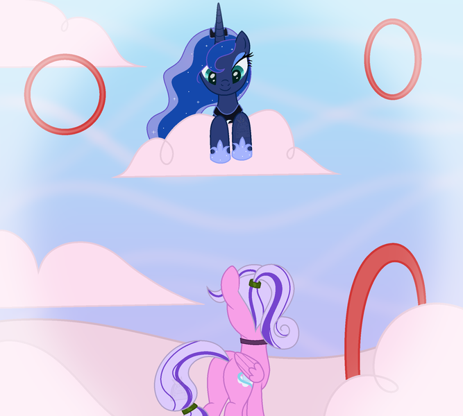 Size: 2000x1800 | Tagged: safe, artist:xnaturalblue, derpibooru import, hoops, princess luna, oc, oc:marshmallow creme, pegasus, cloud, cotton candy, cotton candy cloud, cute, dream, dream walker luna, food, image, jewelry, looking at each other, looking at someone, looking down, looking up, necklace, pegasus oc, pink coat, png, purple mane, rear view, sky, wings