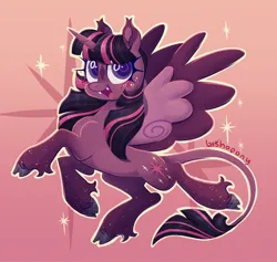 Size: 2048x1942 | Tagged: safe, artist:bishopony, derpibooru import, twilight sparkle, twilight sparkle (alicorn), alicorn, classical unicorn, pony, unicorn, blush scribble, blushing, cloven hooves, cute, cute little fangs, fangs, female, gradient background, horn, image, jpeg, leonine tail, mare, open mouth, open smile, signature, smiling, solo, spread wings, twiabetes, unshorn fetlocks, wings
