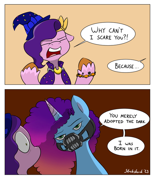 Size: 1735x2011 | Tagged: safe, artist:strebiskunk, derpibooru import, pipp petals, pegasus, pony, unicorn, g5, 2 panel comic, bane, baneposting, batman, bust, clothes, comic, costume, dc comics, dialogue, eyes closed, female, floppy ears, halloween, halloween costume, hat, holiday, image, jpeg, mare, mask, misty brightdawn, open mouth, rebirth misty, signature, speech bubble, witch costume, witch hat