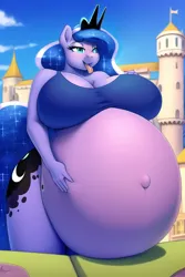 Size: 512x768 | Tagged: suggestive, derpibooru import, machine learning generated, novelai, stable diffusion, princess luna, anthro, ai content, bedroom eyes, belly, big belly, big breasts, breasts, busty princess luna, castle, female, hand on belly, huge belly, hyper, hyper belly, hyper pregnancy, image, impossibly large belly, open mouth, png, pregnant, tongue out
