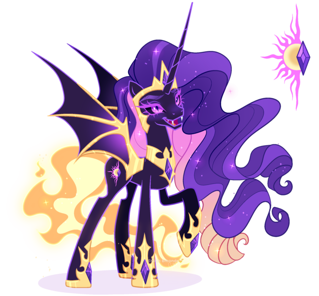 Size: 2303x2136 | Tagged: safe, artist:gihhbloonde, derpibooru import, oc, unnamed oc, unofficial characters only, alicorn, bat pony, bat pony alicorn, pony, alicorn oc, armor, bat pony oc, bat wings, colored eyelashes, colored wings, concave belly, crown, dark sclera, ethereal mane, ethereal tail, fangs, female, fiery tail, gradient wings, helmet, hoof shoes, horn, image, jewelry, long horn, long legs, long mane, long tail, magical lesbian spawn, mare, offspring, open mouth, parent:daybreaker, parent:nightmare rarity, peytral, pink eyes, png, princess shoes, raised hoof, regalia, simple background, slim, slit pupils, smiling, solo, sparkly mane, spread wings, standing, tail, tall, thin, transparent background, wing armor, wings