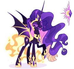 Size: 2303x2136 | Tagged: safe, artist:gihhbloonde, derpibooru import, oc, unnamed oc, unofficial characters only, alicorn, bat pony, bat pony alicorn, pony, alicorn oc, armor, bat pony oc, bat wings, colored eyelashes, colored wings, concave belly, crown, dark sclera, ethereal mane, ethereal tail, fangs, female, fiery tail, gradient wings, helmet, hoof shoes, horn, image, jewelry, long horn, long legs, long mane, long tail, magical lesbian spawn, mare, offspring, open mouth, parent:daybreaker, parent:nightmare rarity, peytral, pink eyes, png, princess shoes, raised hoof, regalia, simple background, slim, slit pupils, smiling, solo, sparkly mane, spread wings, standing, tail, tall, thin, transparent background, wing armor, wings