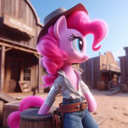 Size: 1024x1024 | Tagged: safe, derpibooru import, machine learning generated, pinkie pie, earth pony, pony, ai content, bipedal, clothes, cowboy hat, cowgirl, female, hat, image, jpeg, prompter:pinkiepiepics, solo