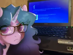 Size: 1280x960 | Tagged: safe, artist:g4bby, derpibooru import, izzy moonbow, pony, unicorn, g5, blue screen of death, computer, frown, glasses, image, jpeg, laptop computer, looking at you, photo, solo