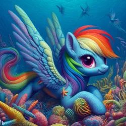 Size: 1024x1024 | Tagged: safe, derpibooru import, machine learning generated, rainbow dash, angelfish, fish, ai content, coral, generator:dall-e 3, image, jpeg, ocean, underwater, water