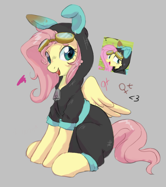 Size: 713x804 | Tagged: safe, artist:g4bby, derpibooru import, fluttershy, pegasus, pony, bunny ears, clothes, costume, dangerous mission outfit, goggles, hoodie, image, open mouth, png, sitting, smiling, solo