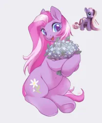 Size: 1593x1906 | Tagged: safe, artist:g4bby, derpibooru import, daisy dreams, earth pony, pony, flower, freckles, g4, holding, image, jpeg, looking at you, open mouth, simple background, sitting, smiling, solo, white background