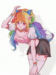 Size: 2166x2886 | Tagged: safe, artist:xinjinjumin8460028, derpibooru import, rainbow dash, human, equestria girls, bow, breasts, cat ears, clothes, hair bow, image, jpeg, open mouth, simple background, skirt, socks, solo, stockings, thigh highs, white background