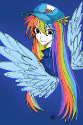 Size: 1080x1614 | Tagged: safe, artist:nishiwodeweiyi118, derpibooru import, rainbow dash, human, equestria girls, blue background, clothes, hat, image, looking back, png, simple background, smiling, solo, spread wings, wings