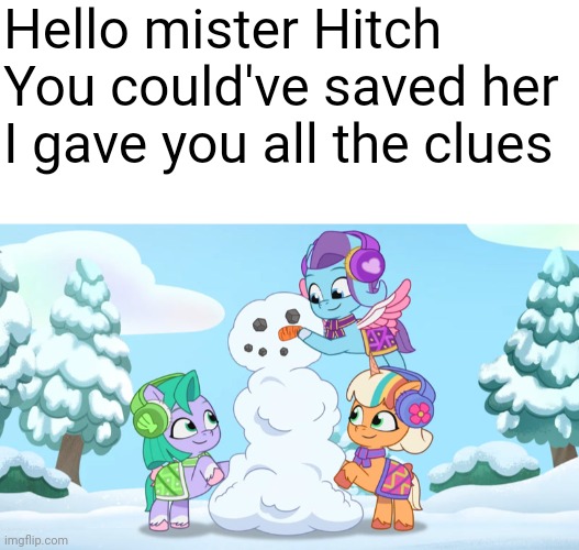 Size: 527x500 | Tagged: safe, derpibooru import, pony, g5, glory (g5), i gave you all the clues, image, implied hitch trailblazer, implied murder, jpeg, mister police, peach fizz, seashell (g5), snow, snowman, the snowman, trio