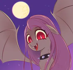 Size: 1000x952 | Tagged: safe, artist:inkypuso, derpibooru import, fluttershy, bat pony, pony, bat ponified, bite mark, bust, choker, cute, fangs, female, floppy ears, flutterbat, full moon, image, jpeg, looking at you, mare, mare in the moon, moon, night, open mouth, open smile, race swap, shyabates, shyabetes, smiling, smiling at you, solo, spiked choker, spread wings, wings