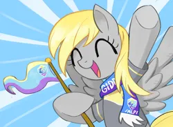 Size: 2374x1744 | Tagged: artist needed, safe, derpibooru import, derpy hooves, pegasus, pony, /mlp/, 4chan, 4chan cup, cheering, clothes, cute, derpabetes, female, flag, giddy up, image, mare, png, scarf, shirt, solo, spread wings, t-shirt, wings