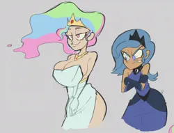 Size: 1032x788 | Tagged: suggestive, artist:lewdmcgill, derpibooru import, princess celestia, princess luna, human, angry, bedroom eyes, big breasts, breast envy, breasts, busty princess celestia, clothes, crossed arms, crown, dress, duo, duo female, female, frown, g4, gloves, gray background, huge breasts, human coloration, humanized, image, jewelry, jpeg, light skin, long gloves, mismatched eyes, necklace, regalia, royal sisters, s1 luna, siblings, side slit, simple background, sisters, smiling, wasp waist