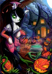 Size: 1979x2780 | Tagged: safe, artist:jacquibim, derpibooru import, oc, unofficial characters only, earth pony, pony, cauldron, clothes, costume, darkstalkers, female, halloween, halloween costume, haunted house, holiday, image, jack-o-lantern, jpeg, morrigan aensland, nightmare night, pumpkin, solo, traditional art