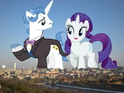 Size: 1600x1200 | Tagged: safe, artist:dashiesparkle, derpibooru import, edit, editor:jaredking779, fancypants, rarity, pony, unicorn, beijing, bowtie, china, duo, facial hair, female, giant pony, giantess, highrise ponies, image, irl, jpeg, macro, male, mare, monocle, moustache, photo, ponies in real life, stallion, story included, unshorn fetlocks