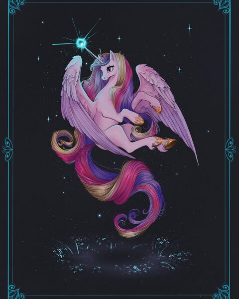 Size: 3076x3846 | Tagged: safe, artist:fridagloria, derpibooru import, princess cadance, alicorn, pony, female, flying, frame, glow, glowing horn, hoof shoes, horn, image, jewelry, jpeg, magic, mare, missing accessory, regalia, solo, stars