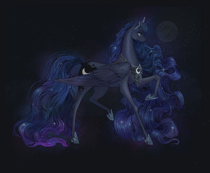 Size: 3963x3256 | Tagged: safe, artist:fridagloria, derpibooru import, princess luna, alicorn, pony, female, full moon, hoof shoes, image, jewelry, jpeg, mare, moon, peytral, regalia, solo, stars